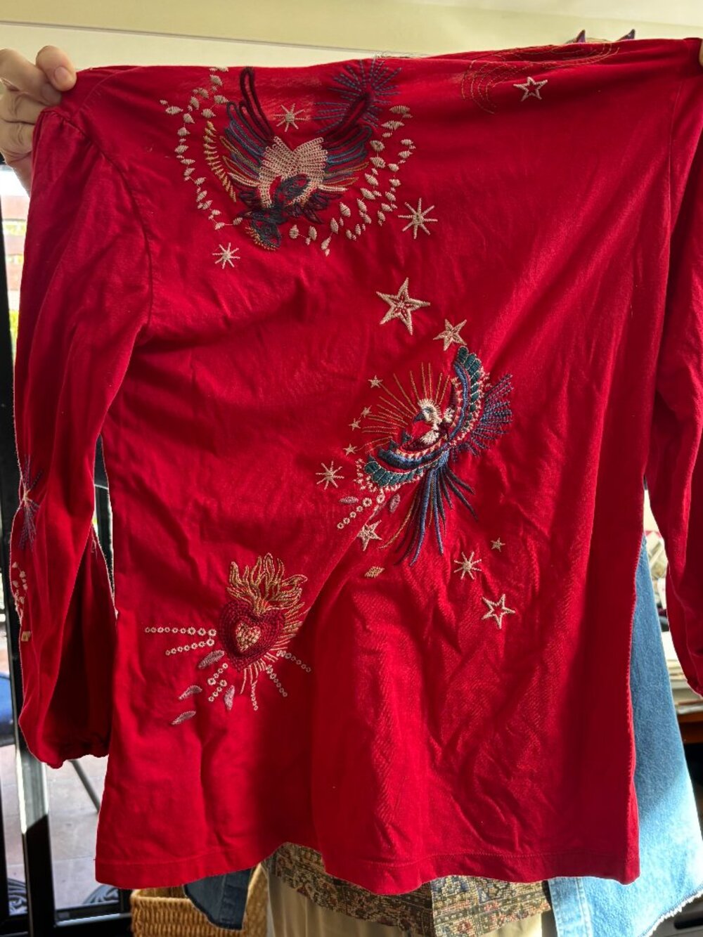 Johnny WAS Red Embroidered Long-Sleeve Tee with Heart Motifs S - Picture 3 of 7